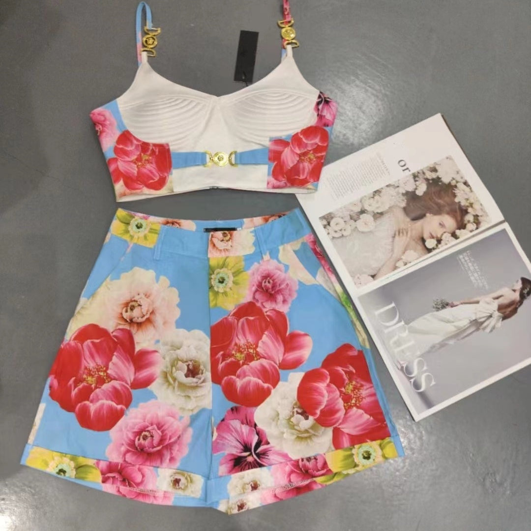 Woman tops satin 3D printing corset sexy women's camisole vest y2k clothes New metal buckle tube top + skirt suit bra 8