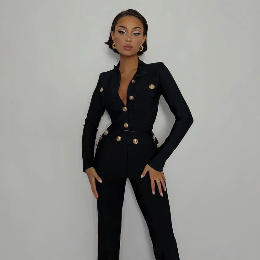 New Autumn Style Black Color Women Long Sleeve Button Rayon Bandage Coat Pants Fashion Women's Set High Street Celebrate Wear