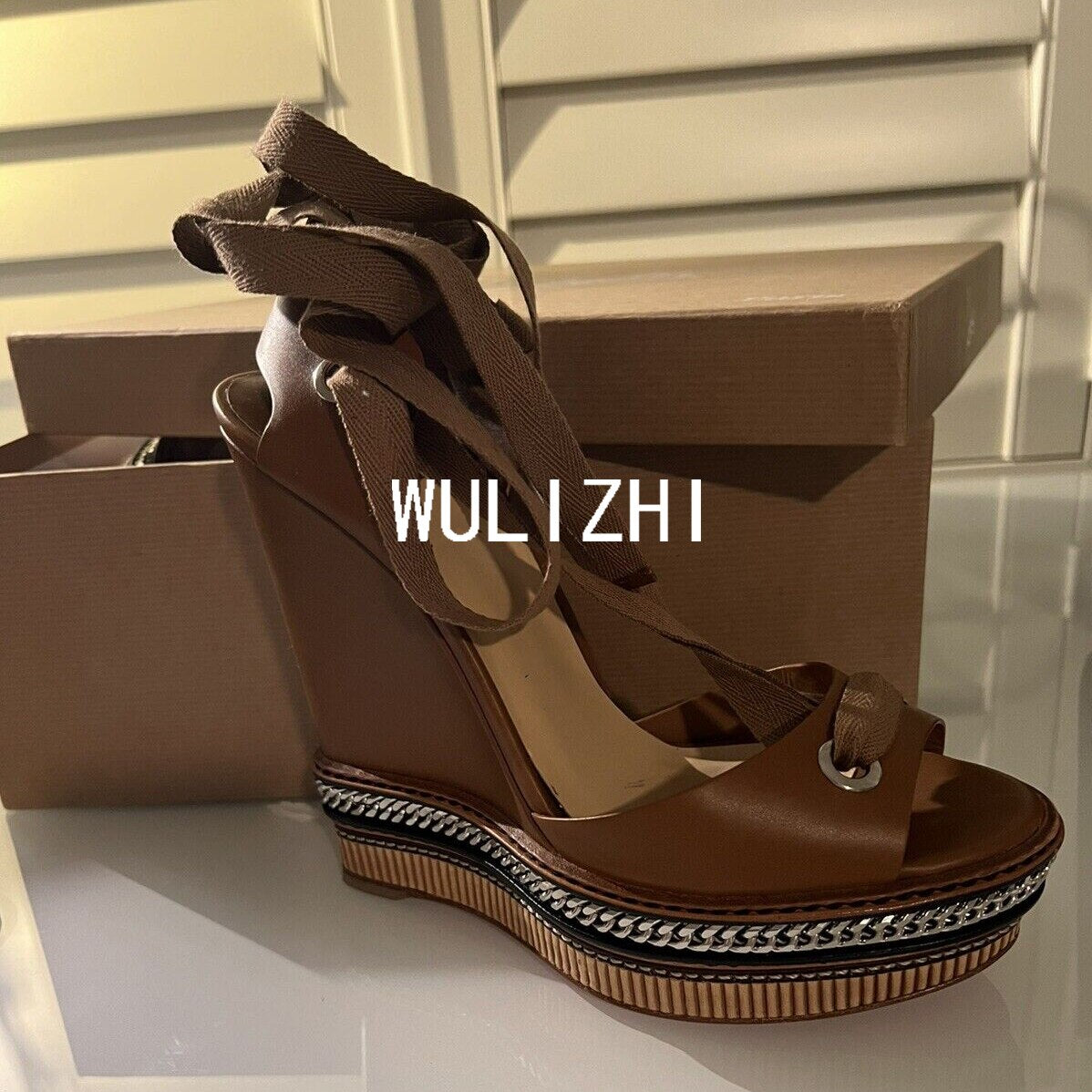 Wedge Metal Chain Strap Sexy Sandals Woman Peep Brown Leather Zipper Platform Heels Cover Open Suede Velvet Noble Shoes Summer