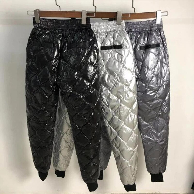 Women Glossy Diamond Down Pant 2024 Winter Fashion High Waist Harem Trousers Plus Size Warm Padded Quilted Pantalones Windproof