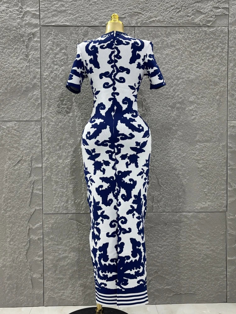 Top Quality Women Short Sleeve Sexy Blue Jacquard Bodycon Long Bandage Dress Elegant Evening Party Occation Office Wear
