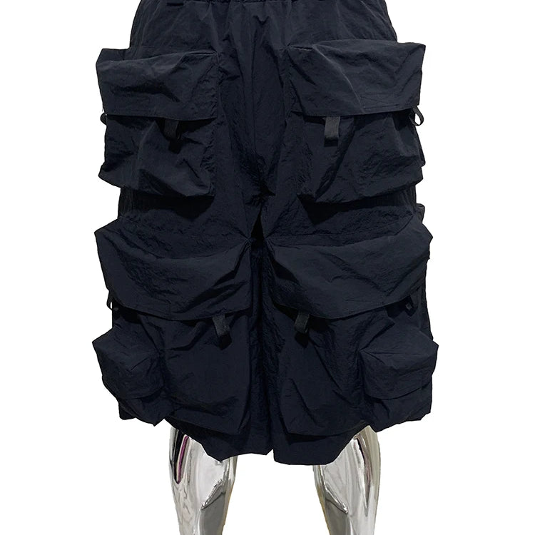Lautaro Summer Autumn Thin Waterproof Black Nylon Cargo Shorts for Men with Many Pockets Luxury Designer Emo Techwear Clothes Black
