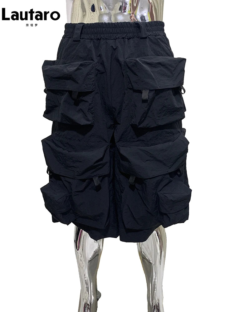 Lautaro Summer Autumn Thin Waterproof Black Nylon Cargo Shorts for Men with Many Pockets Luxury Designer Emo Techwear Clothes Black