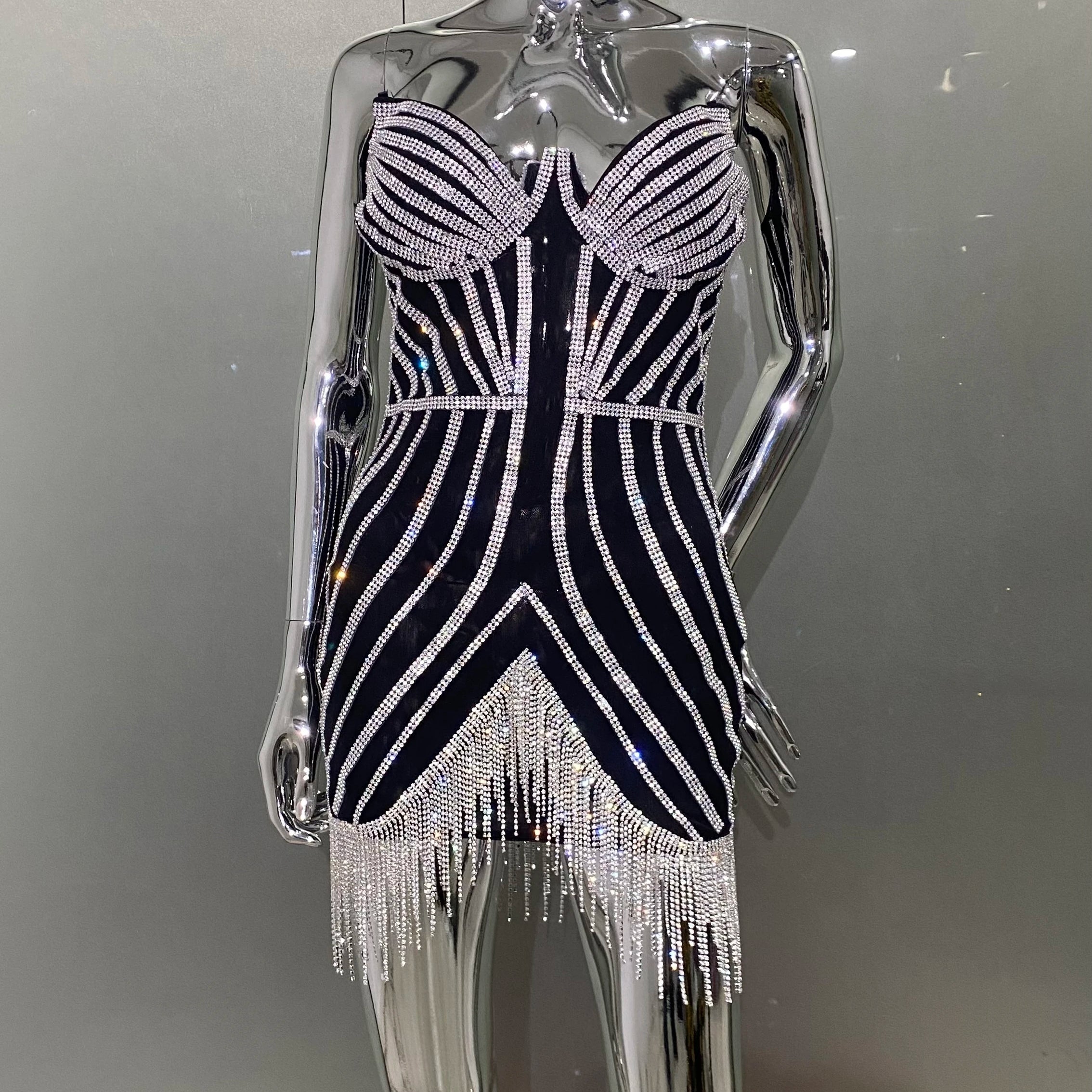 Luxury Shining Diamonds Tassel Strapless Mini Dress Celebrity Birthday Party Evening Dress Stage Performance Costume