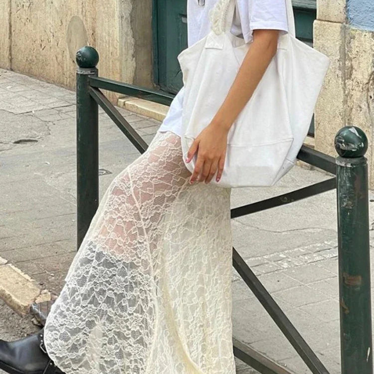 TARUXY Lace Mesh Splice Long Skirts For Women 2023 See Through Sexy High Waist Maxi Skirt Femme Club Hollow Out Skirts Ladies
