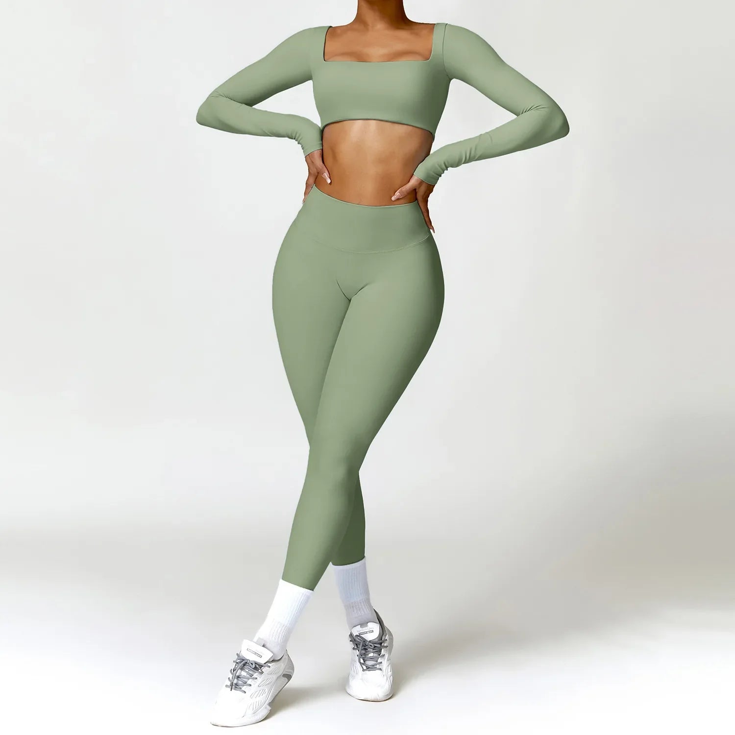 Women Tracksuit Yoga Set 2PCS Sportswear Workout Clothes Athletic Wear Gym Legging Fitness Bra Crop Top Long Sleeve Sports Suits Green Set-4