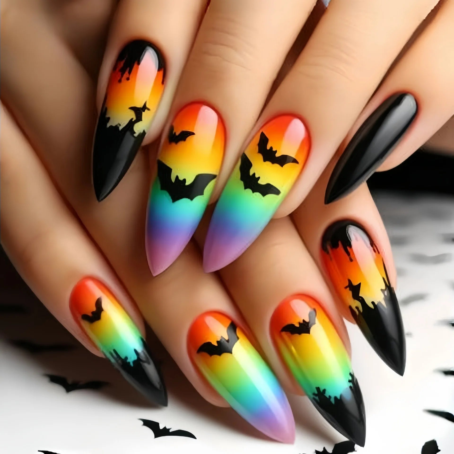 24pcs/set Short Medium fake nails for Halloween party Dead trees and crows bat Night sky Square almond tips press on false nail 2727