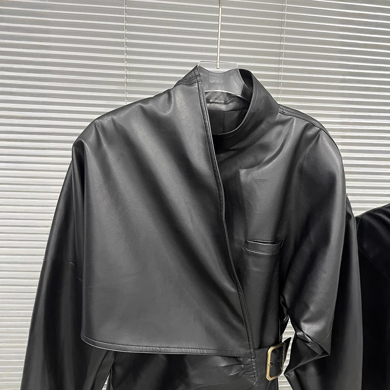 Autumn Winter New Style Loose Stand Collar Long Sleeve Leather Jacket For Women Belt Streetwear Casual Coat 11A07815