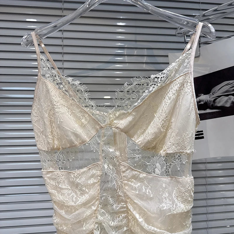 Winter New Fashion Lace See-through Patchwork Zipper Design Camisole For Women Versatile Backless Tank Top 11A07482