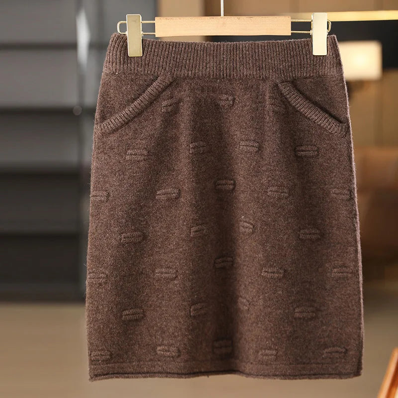 Autumn Winter New 100% Wool Short Skirt Women High Waist Knitted A-line Skirt Slimming and Versatile Hip hugging One Step Skirt 088 Mocha