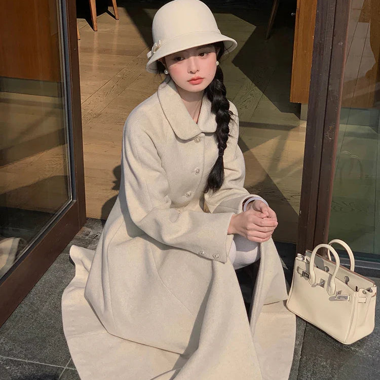 Winter Long Wool & blends Coat for Women Chic Luxury Elegant Womans Clothing Skirted Woolen Overcoat 2024