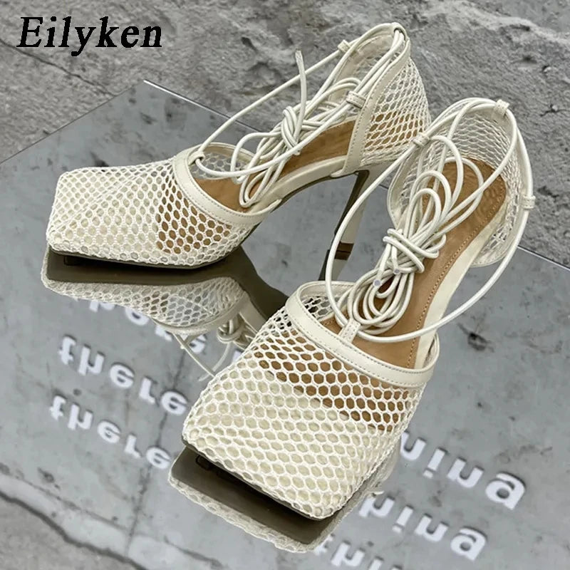 Eilyken Sexy Mesh Pumps Sandals Female Square Toe High Heel Lace Up Cross-Tied Stiletto Hollow Dress Shoes Zapatos Mujer Apricot