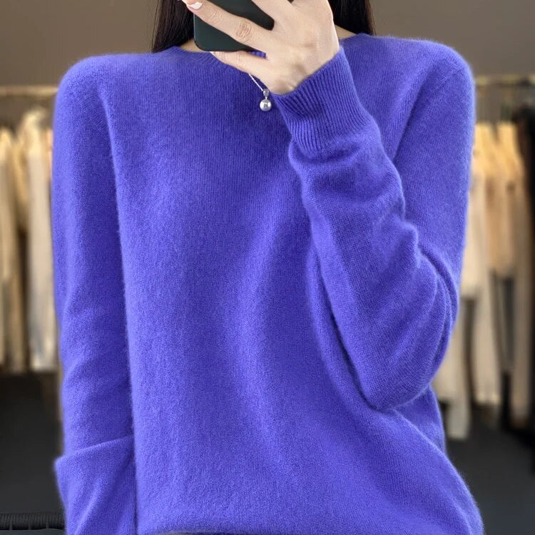 Women 100% Pure Merino Wool Knitted Sweater Autumn Winter Fashion O-Neck Top Cashmere Warm Pullover Seamless Jumper Clothes Blue Purple
