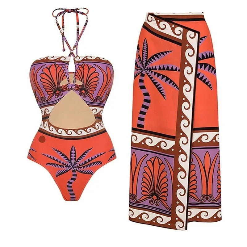 New Retro Off Shoulder Ruffle Printed Bikini Set Swimsuit Women Swimwear Beachwear Bikinis Bathing Suit Beach Vacation Outf Set 2