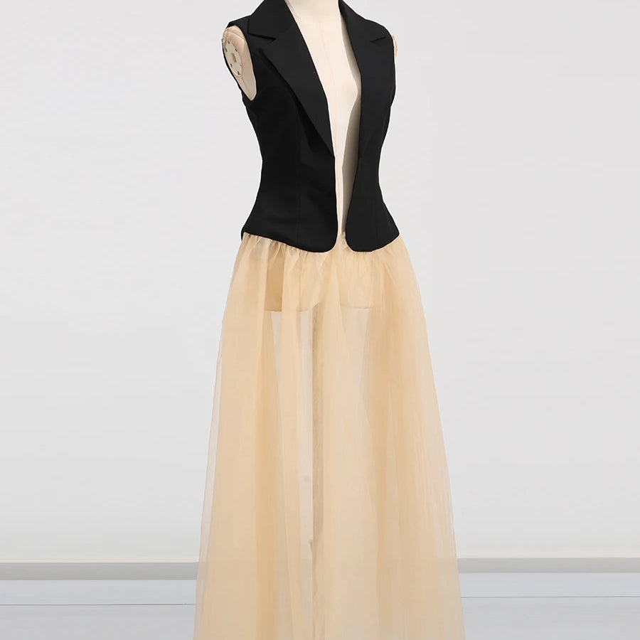 Hit Color Sheer Elegant Jacket for Women Lapel Sleeveless Patchwork Folds Fashion Long Jacket Female Clothing New