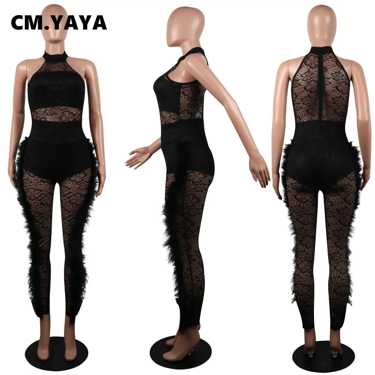 Fashion Women Sleeveless Lace See Though Fur Side Skinny Stretchy Jumpsuit Streetwear Sexy One Piece Suit INS Playsuits