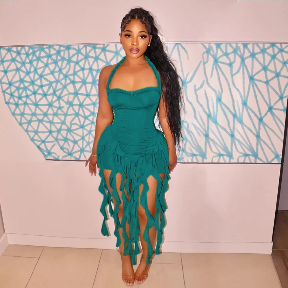 CM.YAYA Women Sleeveless Strapless Halter Long Dress Summer Streetwear Beach Tassel Evening Sexy Night Party Dresses Vestidos