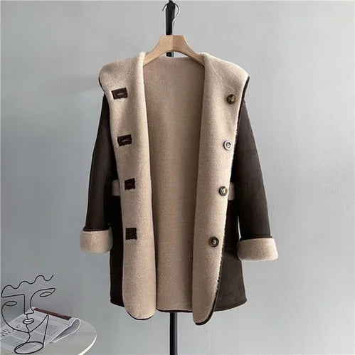 Fashion Sheep Shearling Fur Jacket Women Warm Mid-length Casual Wool Coat 2022 Winter Coat Women Korean Hooded Short Fur Coat Z chocolate