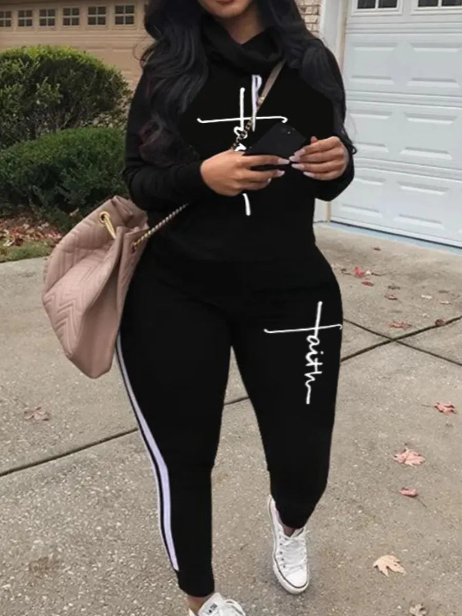 LW Plus Size Tracksuit Sets Drawstring Letter Striped Set Womens 2 Piece Sweatsuits Hoodie & Sweatpants Jogging Suits Outfits WHITE