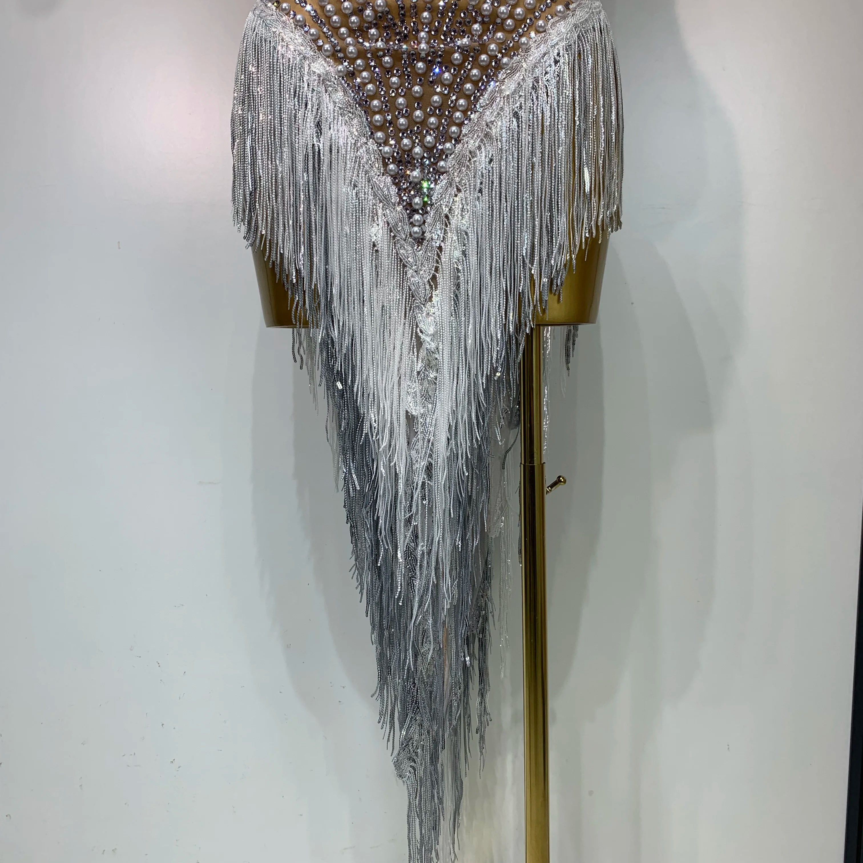 Women Sparkly Rhinestones Pearls Tassel Sexy Mesh See Through Dress Latin Dance Outfits Bar Nightclub Party Stage Costume