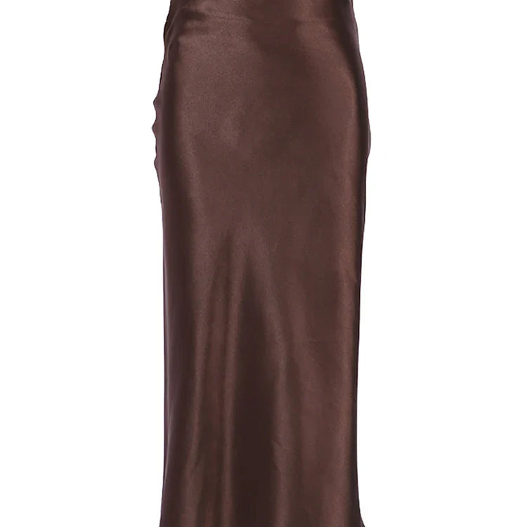 Mnealways18 Solid Purple Satin Silk Skirt Women High Waisted Summer Long Skirt New Elegant Ladies Office Skirts Midi Spring Brown