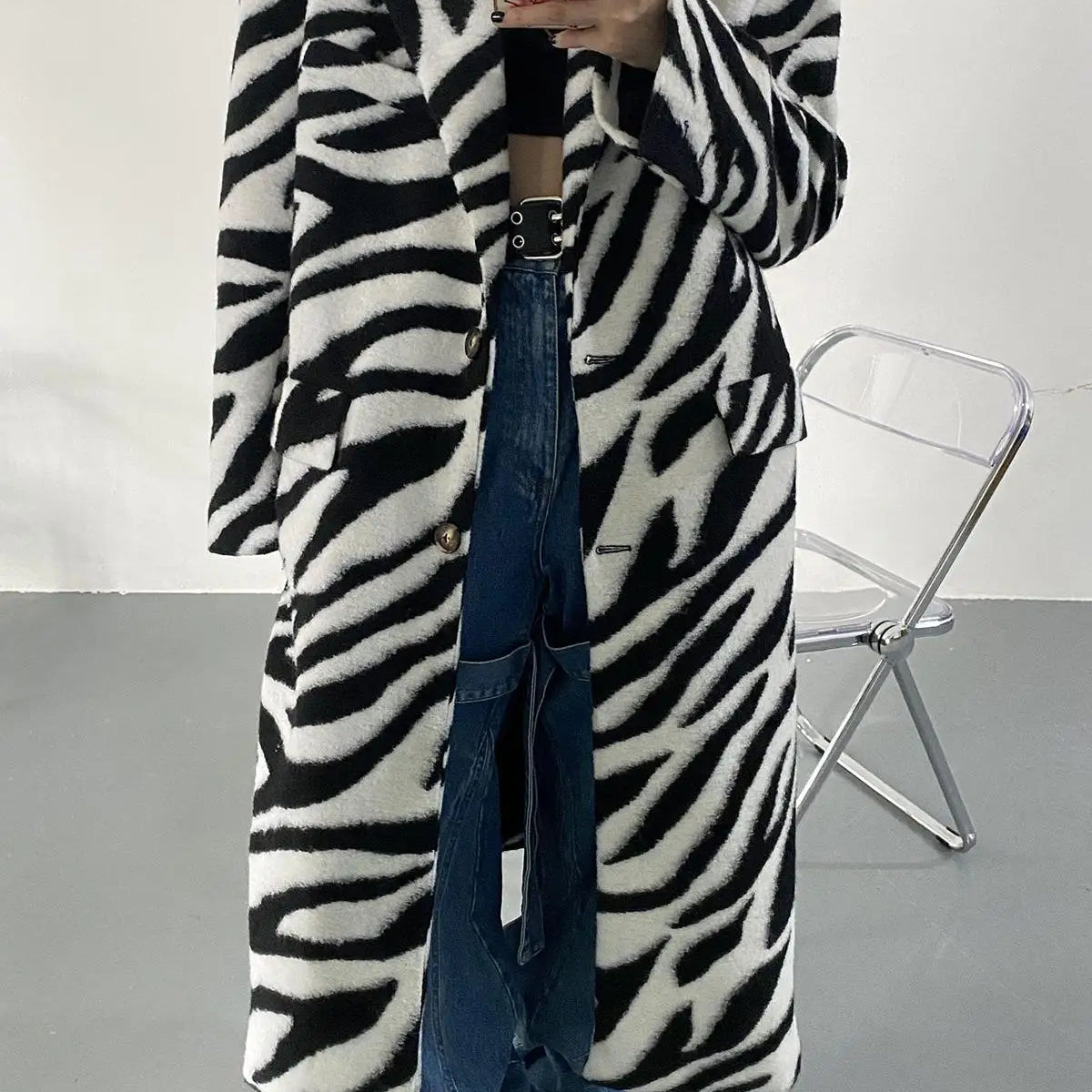 Women Wool Coat Temperament Zebra Pattern Full Sleeve Winter Jacket All Match Outwear Loose Long Overcoat Autum Zebra Pattern