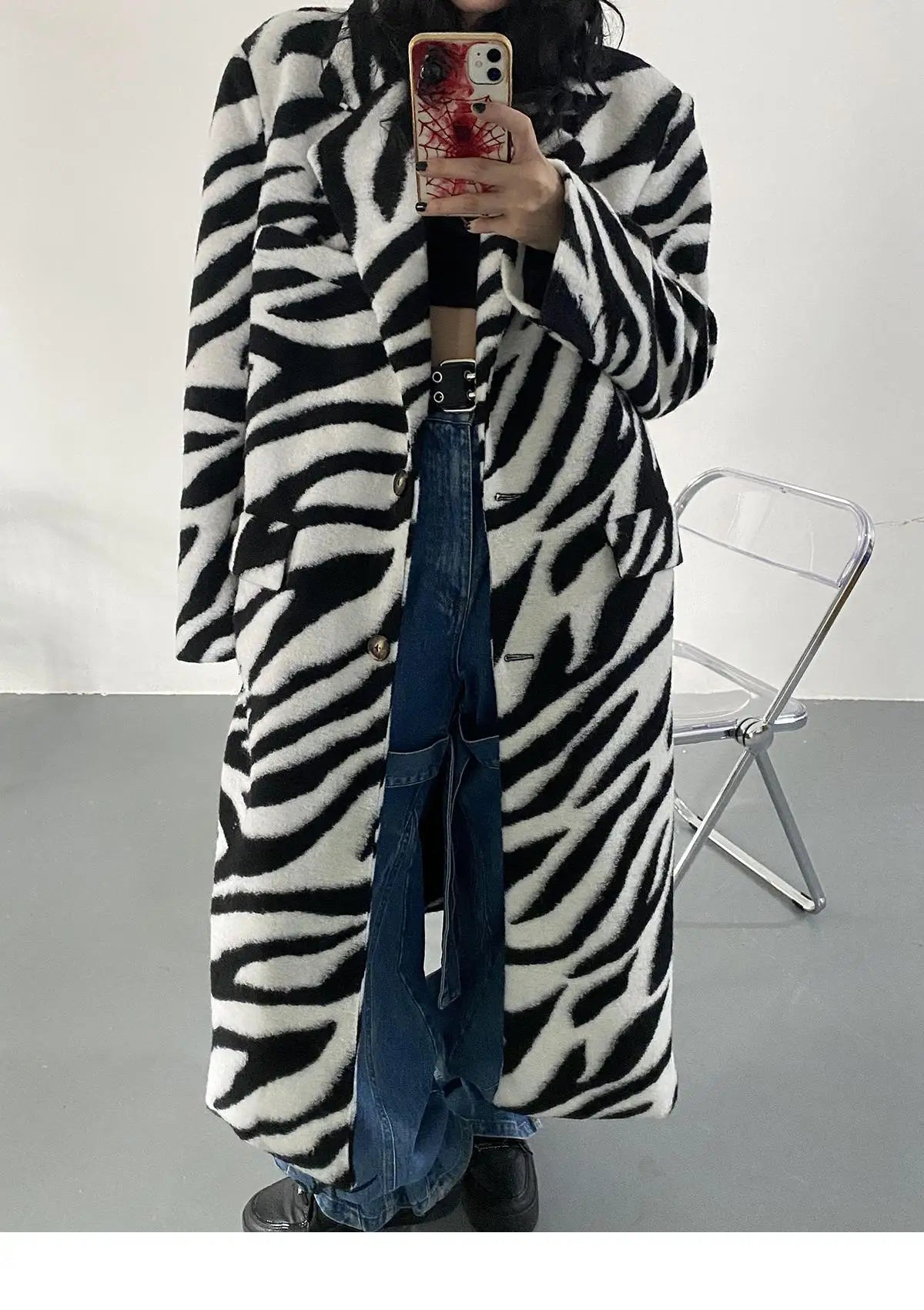 Women Wool Coat Temperament Zebra Pattern Full Sleeve Winter Jacket All Match Outwear Loose Long Overcoat Autum Zebra Pattern