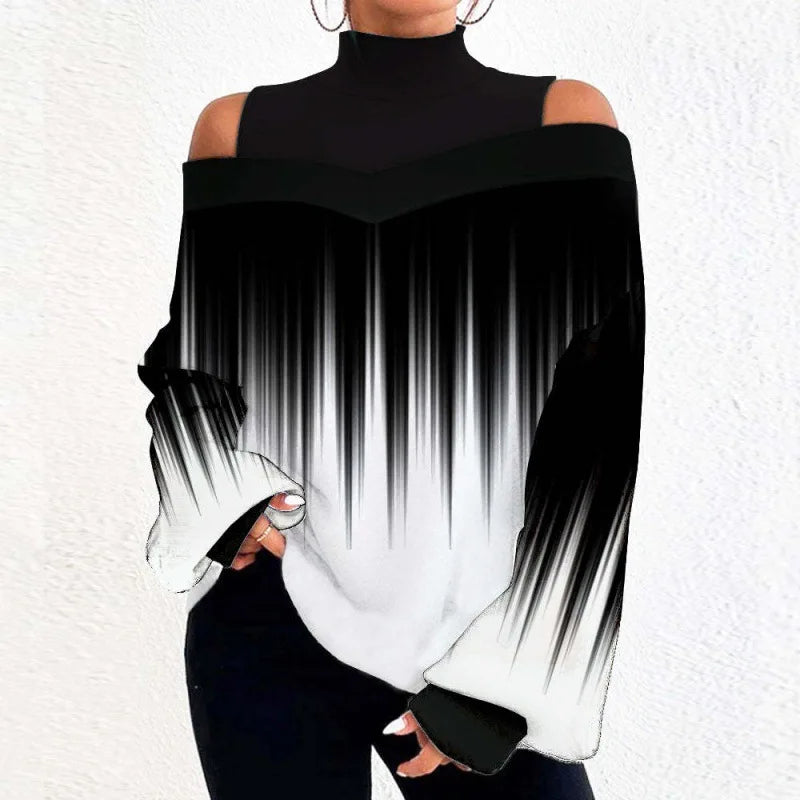 2024Ladies Long Sleeve Turtleneck Tops Women Sexy Off Shoulder Hollow Out Loose Printing T-shirt Autumn Fashion T-shirt Top 2