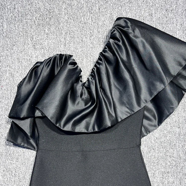 New Women Sexy One Shoulder Ruffles Black Maxi Long Bodycon Bandage Dress 2024 Elegant Evening Club Party Dress