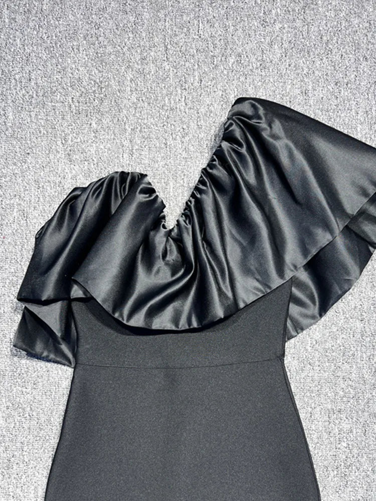 New Women Sexy One Shoulder Ruffles Black Maxi Long Bodycon Bandage Dress 2024 Elegant Evening Club Party Dress