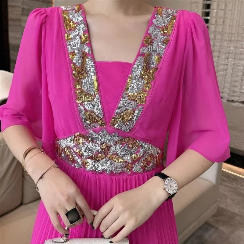 Solid Sheer Spliced Sequin Dresses for Women Square Neck Half Sleeves Patchwork Folds Elegant Dress Female Clothing