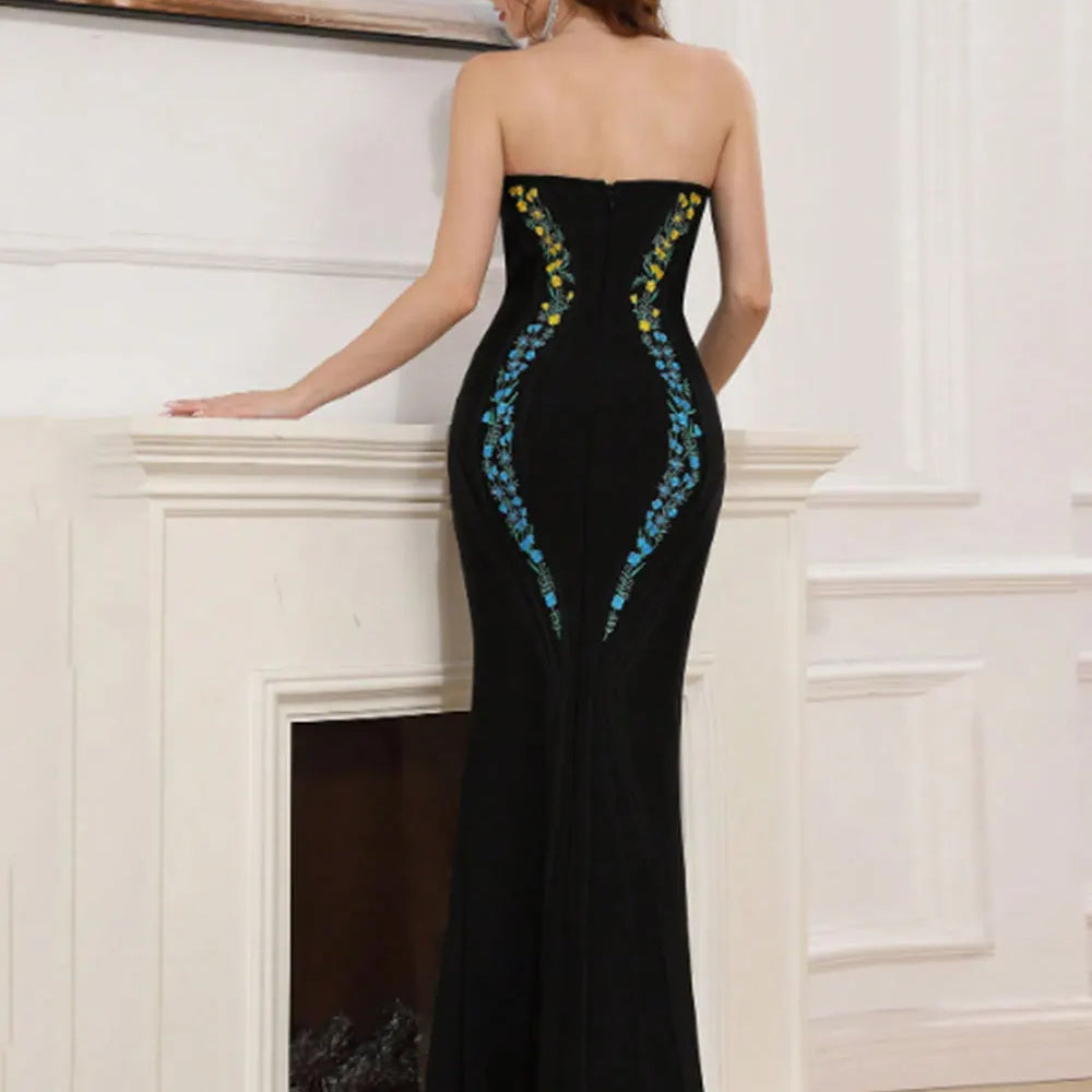 2025 Elegant Women's 3D Decorative Fishtail Bandage Dress Strapless Sleeveless Bodycon Backless Long Dress Dinner Party Vestidos