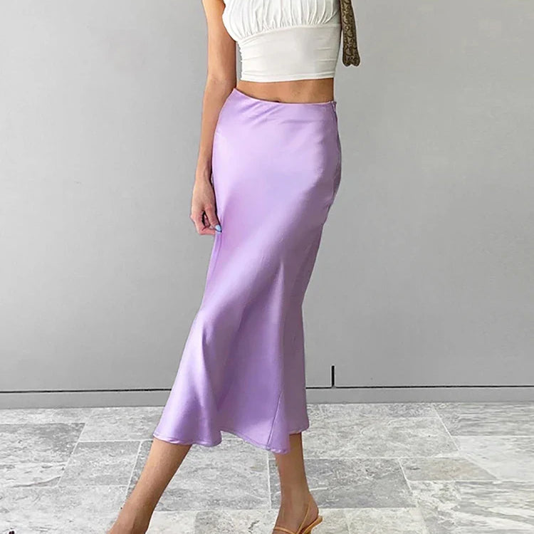 Mnealways18 Solid Purple Satin Silk Skirt Women High Waisted Summer Long Skirt New Elegant Ladies Office Skirts Midi Spring