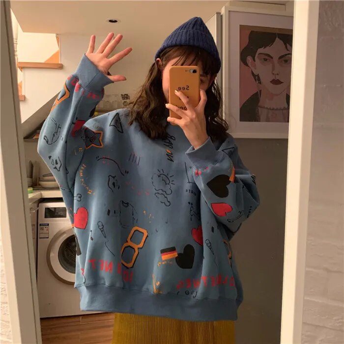 Women Sweatshirts Graffiti Pullover Tops Loose Long Sleeves Female Fashion Streetwear 2024 Autumn Winter Casual Hoodies blue