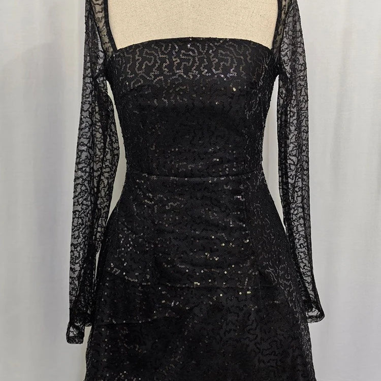 Sequins Long Sleeve Backless Sexy Mini Dress Women Robe Fashion Sparkle Lace-up High Waist A-line Club Dress Vestido black