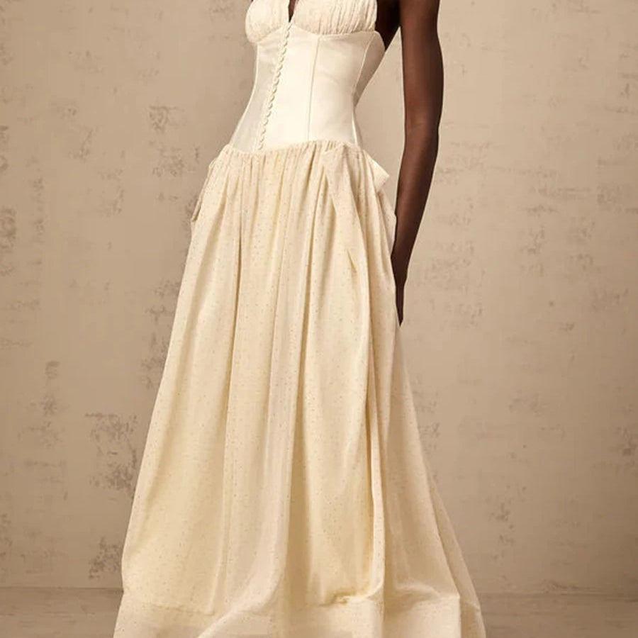 Solid Slimming Temperament Dresses for Women Halter Neck Sleeveless Patchwork Folds Tunic Elegant Dress Female New