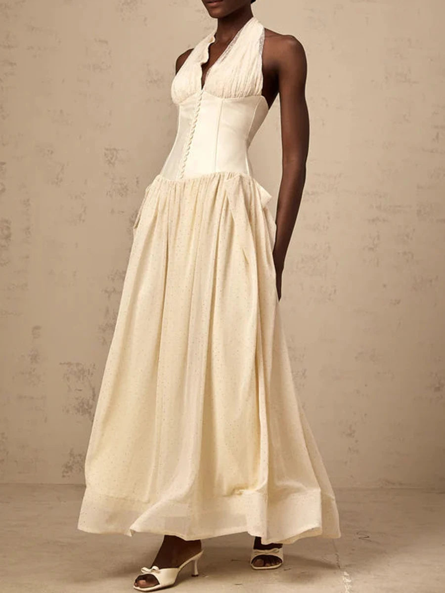 Solid Slimming Temperament Dresses for Women Halter Neck Sleeveless Patchwork Folds Tunic Elegant Dress Female New