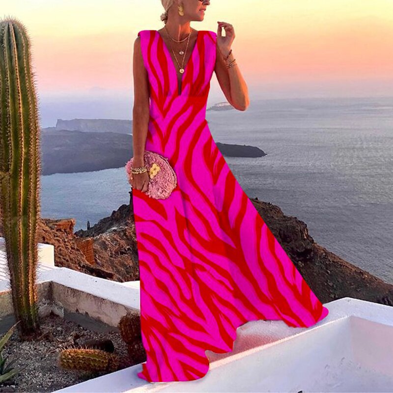 V Neck Maxi Dresses Printed Sleeveless Sling Holiday Dress style 2 leopard red