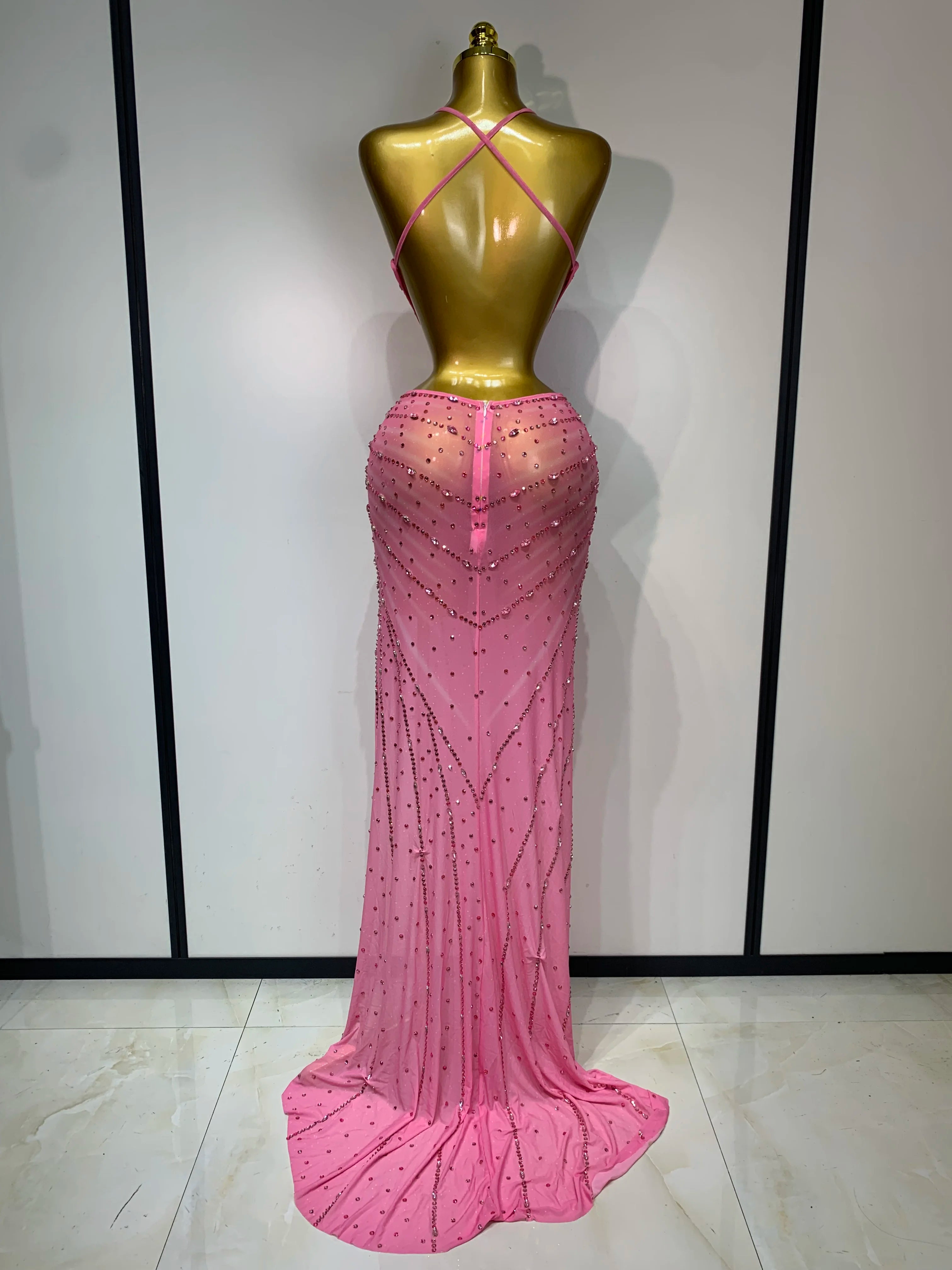 Sparkly Rhinestone Halter Mesh Transparent Dress Birthday Celebrate Evening Party Dress Women Sexy Split Backless Stage Outfit