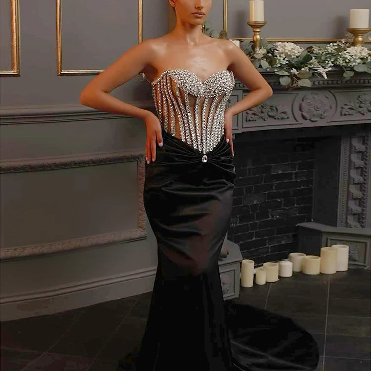 Glimmer Trumpet Black Long Dress for Women Strapless Backless Crystals Velvet Celebrity Cocktail Party Evening Gown Vestidos