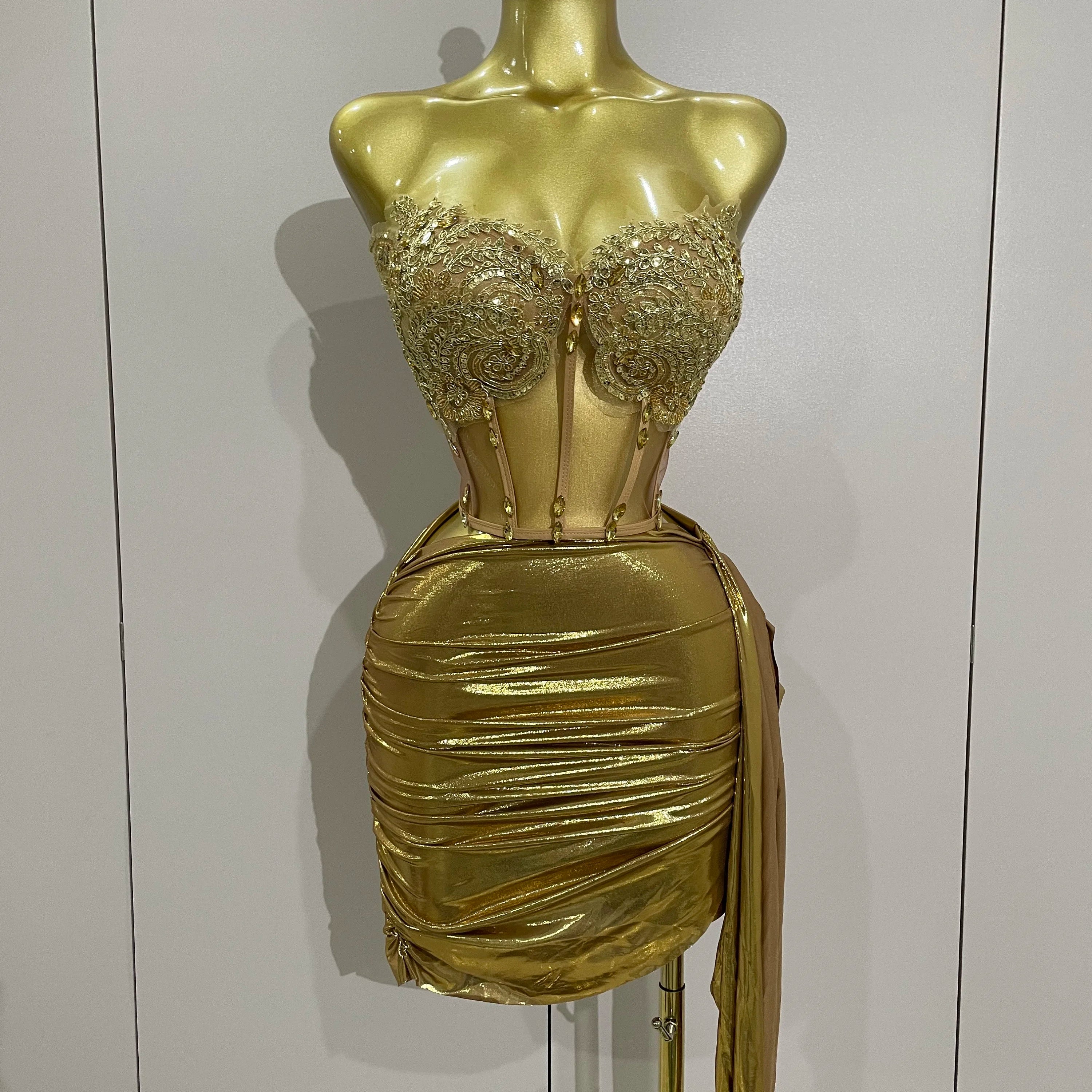 Sparkly Gold Sexy Top Two Pieces Short Skirt Set 2025 Women Celebrate Birthday Dress Party NightClub Dancer Show Stage Outfit Gold