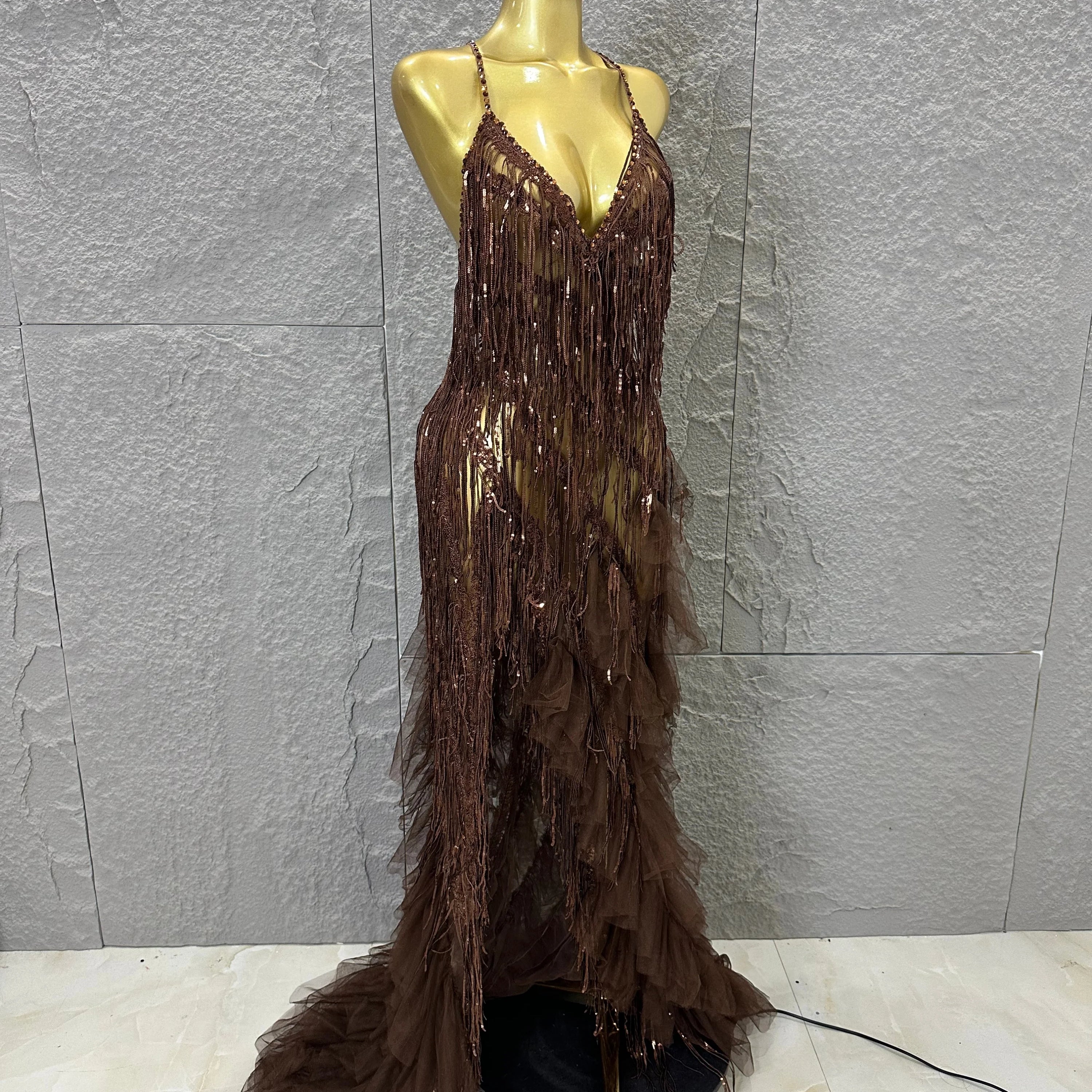 Elegant Brown Floowy Lace Women Sexy Spaghetti Strap V-Neck Tulle Ruffle High Slit Bodycon Outfit Evening Gala Party Costume