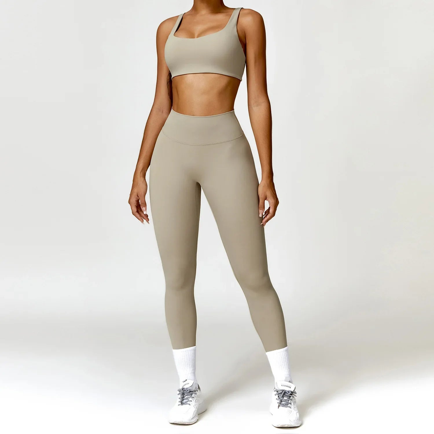 Women Tracksuit Yoga Set 2PCS Sportswear Workout Clothes Athletic Wear Gym Legging Fitness Bra Crop Top Long Sleeve Sports Suits Camel Brown Set-2