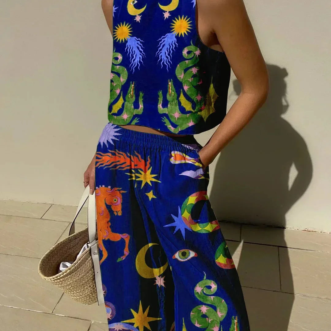 Casual Printed Pant Suits For Women Vintage Crew Neck Sleeveless Vest High Waist Loose Trouser Sets Female Beach Holiday Outfits Blue