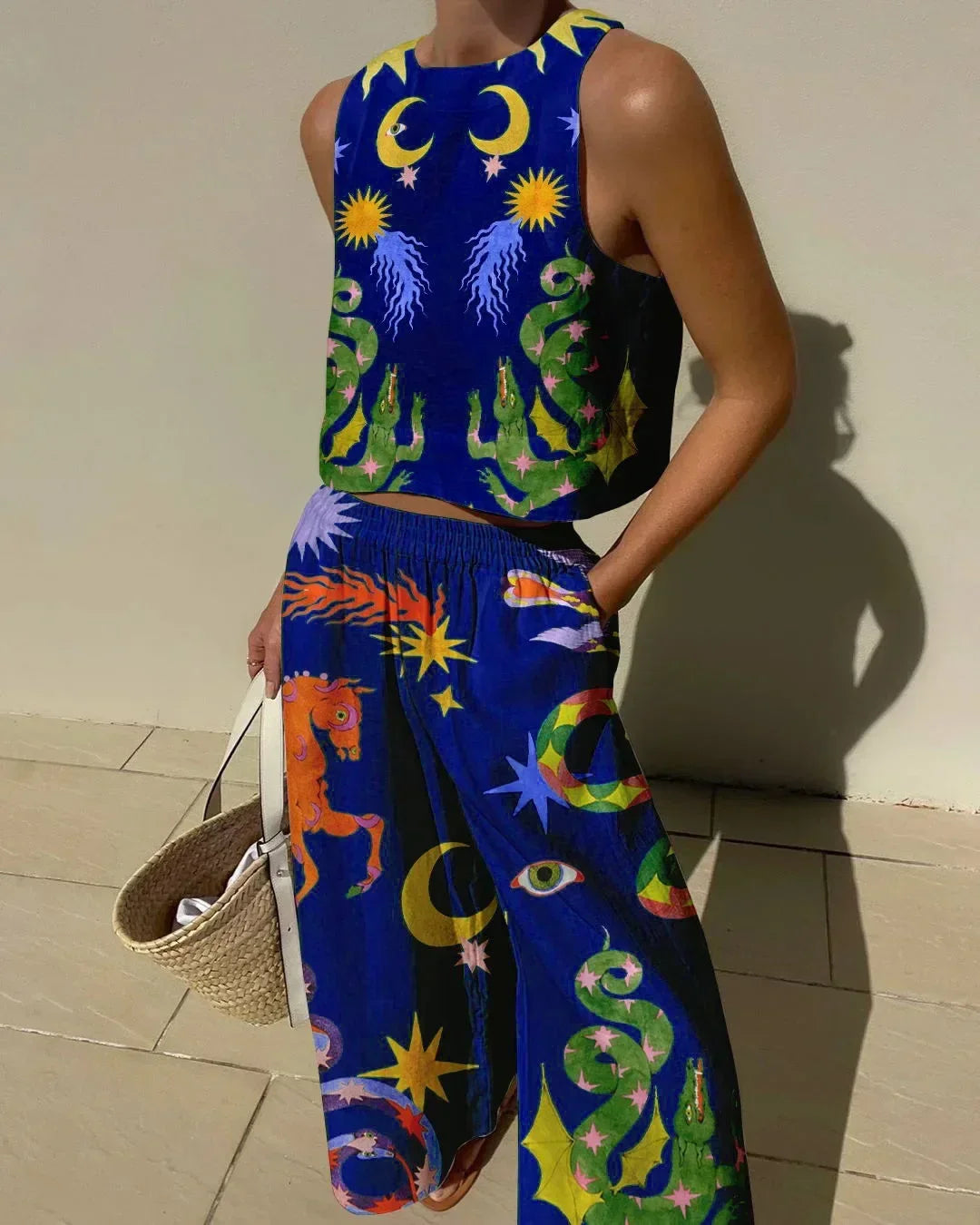 Casual Printed Pant Suits For Women Vintage Crew Neck Sleeveless Vest High Waist Loose Trouser Sets Female Beach Holiday Outfits Blue