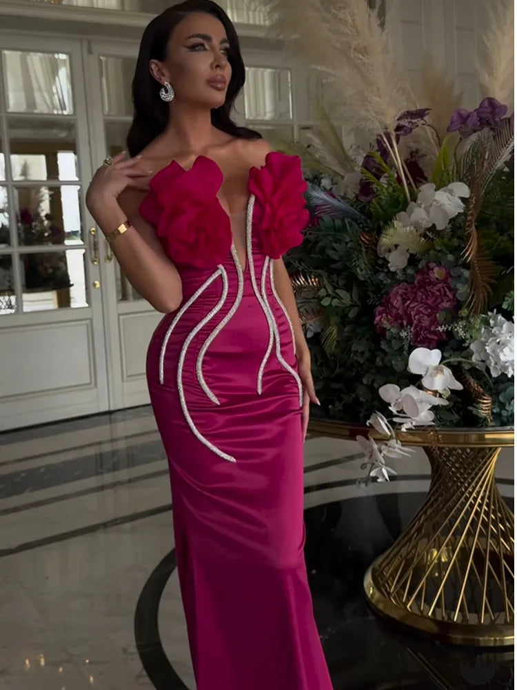Women Celebrity Sexy Strapless Backless Beading Diamonds Pink Maxi Long Bandage Dress Elegant Evening Club Party Dress Fuchsia