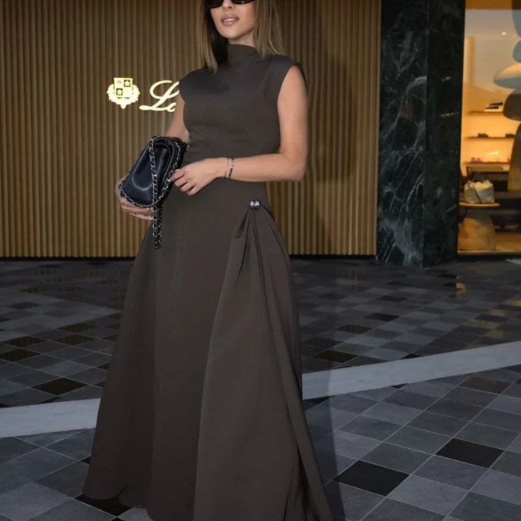 Elegant High Collar A-line Maxi Dress For Women Fashion Solid Pleated Slim Long Dresses 2024 New Lady Evening Party Prom Gowns