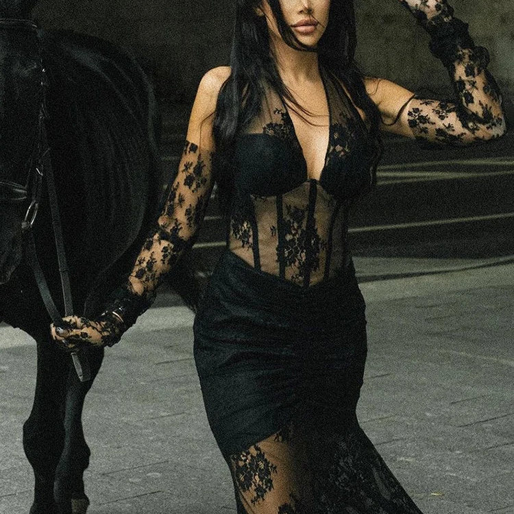 Fashion Party Dresses For Women Sexy Lace Halter Long Sleeves Gloves Design Maxi Gowns Vestidos