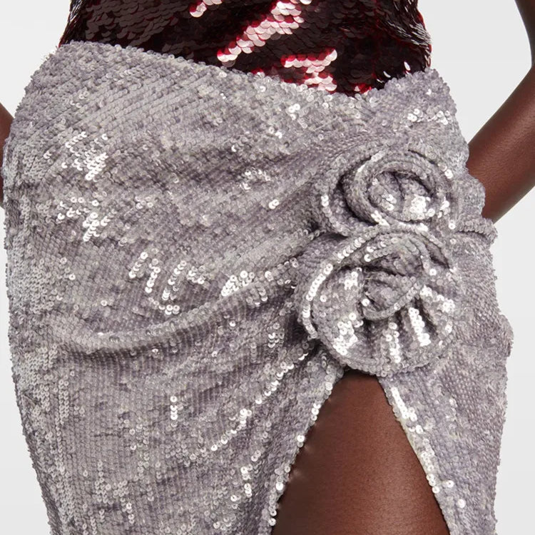 Women Mesh Sequins Flower Sparkly Silver Midi Bodycon Skirt 2024 Designer High Waist Party Office Lady Elegant Split Skirt