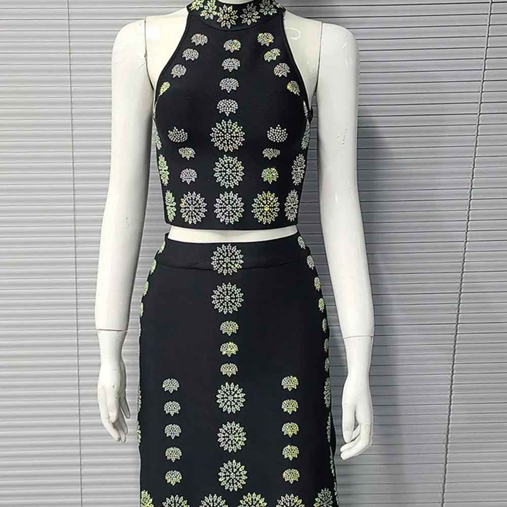 2025 Sexy Women's Hot Diamond Top+Bandage Short Skirt Sets O-neck Sleeveless Short Tank Top+High Waist Short Skirt Two Piece Set black